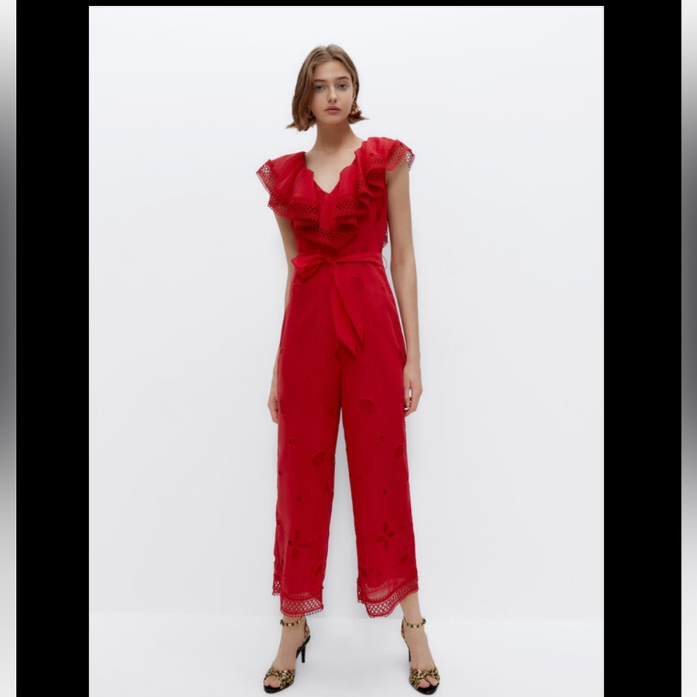 Uterque red sheer eyelet  embroidery tiered ruffles tie belt crop jumpsu…